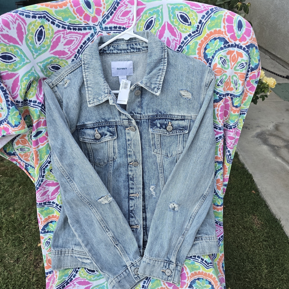 Old Navy Light Blue Distressed Denim Jean Jacket - Picture 3 of 7